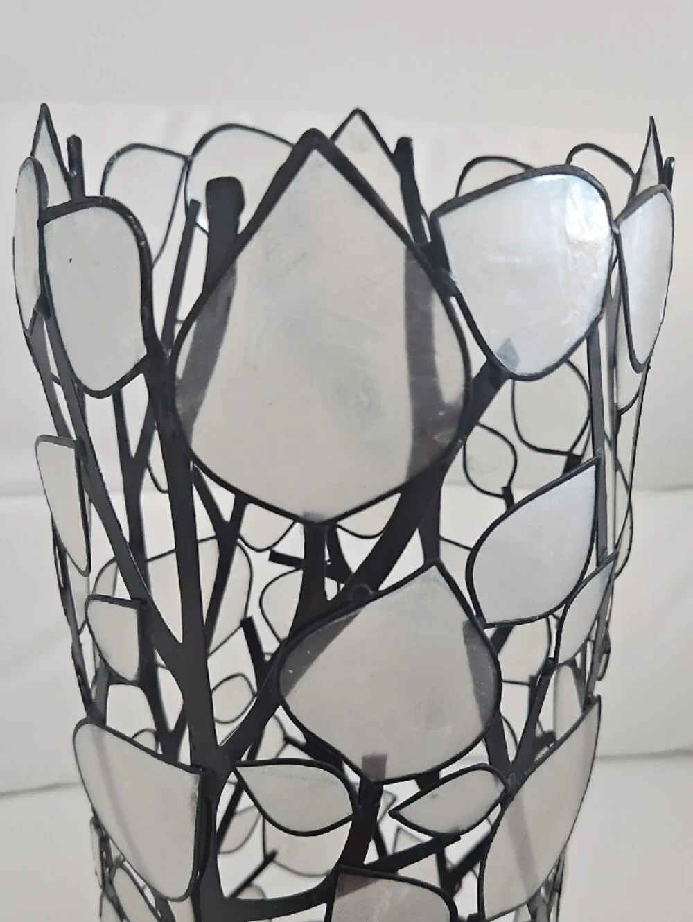 Elegant White Capiz Shell & Black Metal Cylindrical Candle Holder